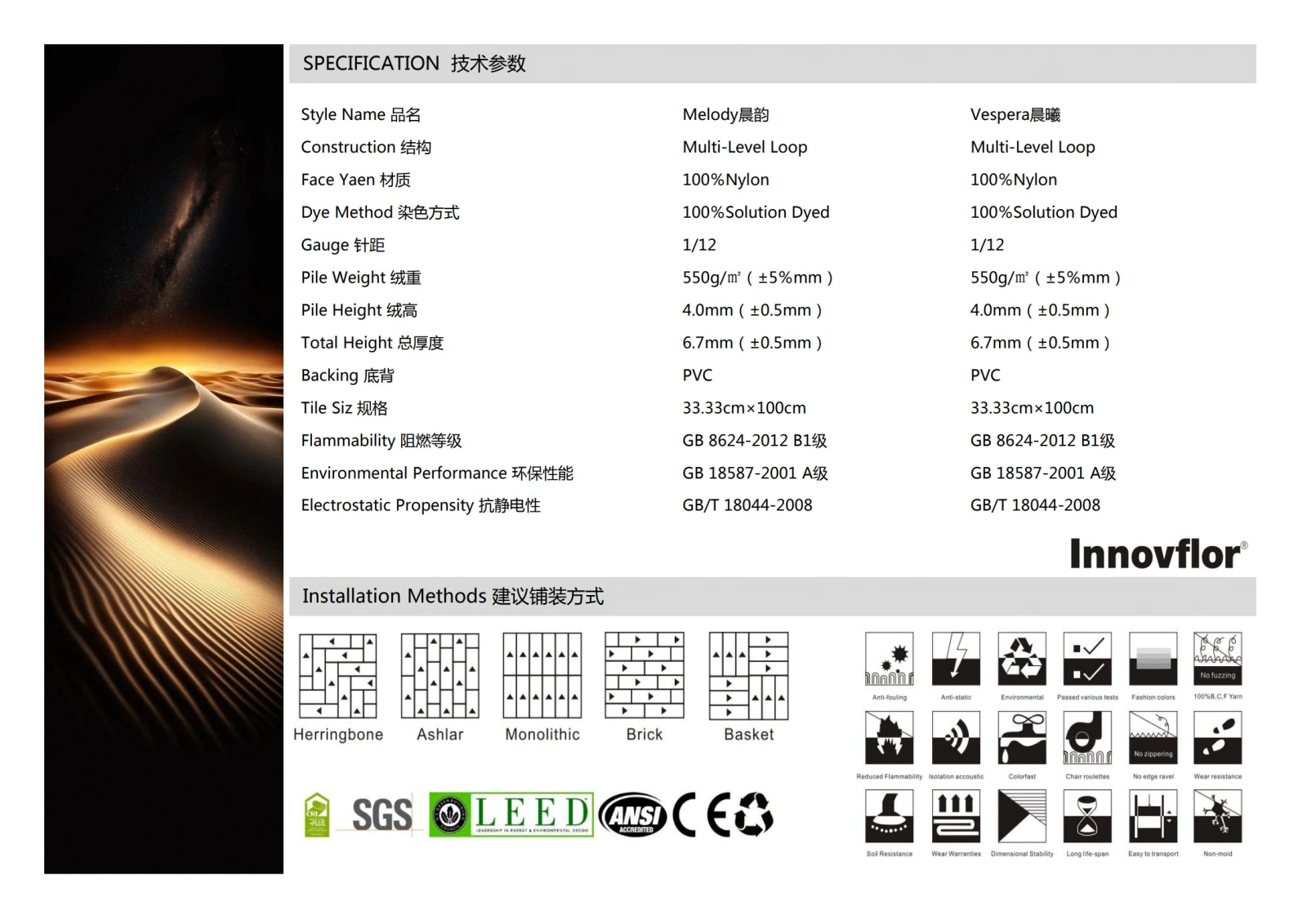 MELODY VESPERA carpet tile specification diagram with dimensions