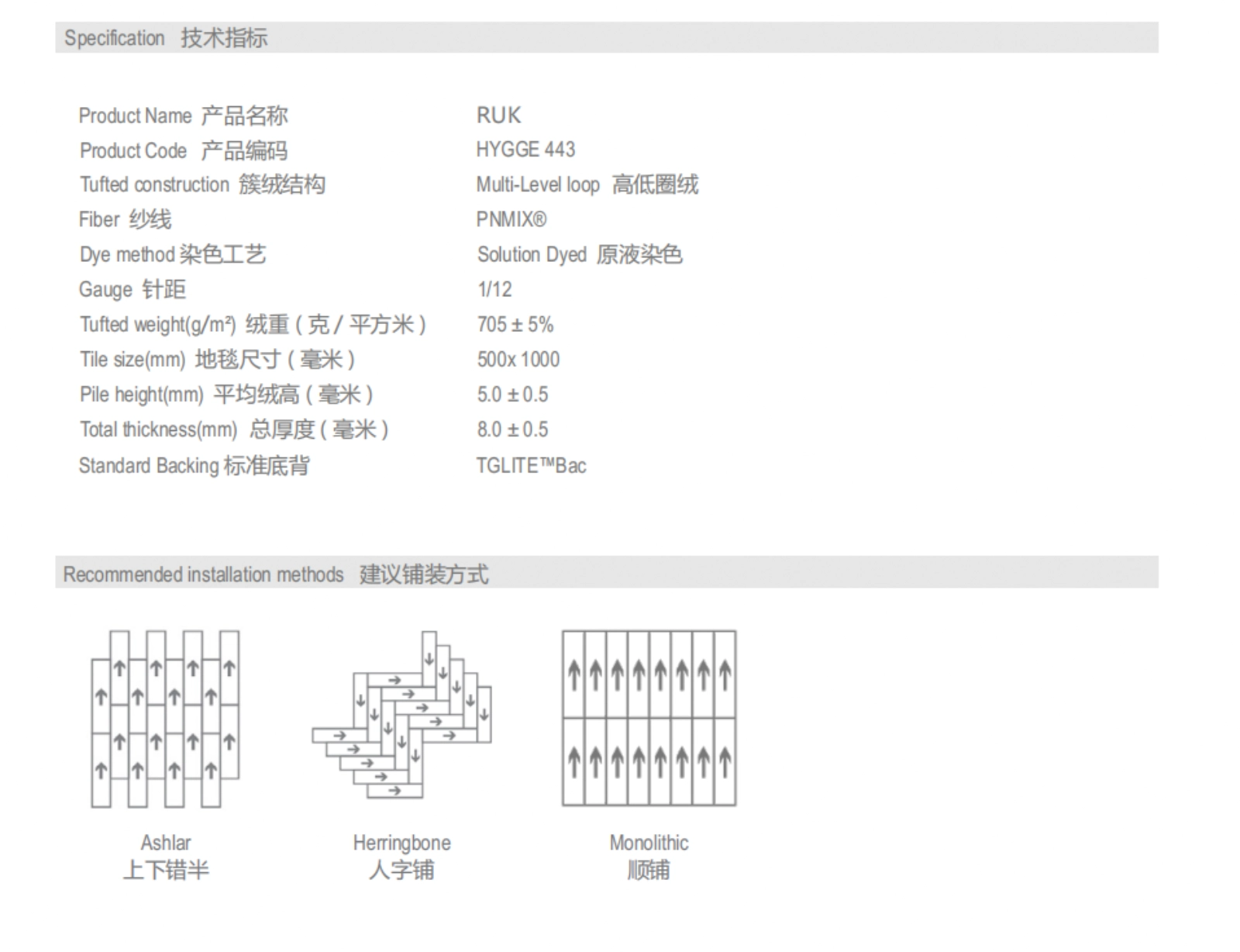 RUK carpet tile specification diagram with dimensions