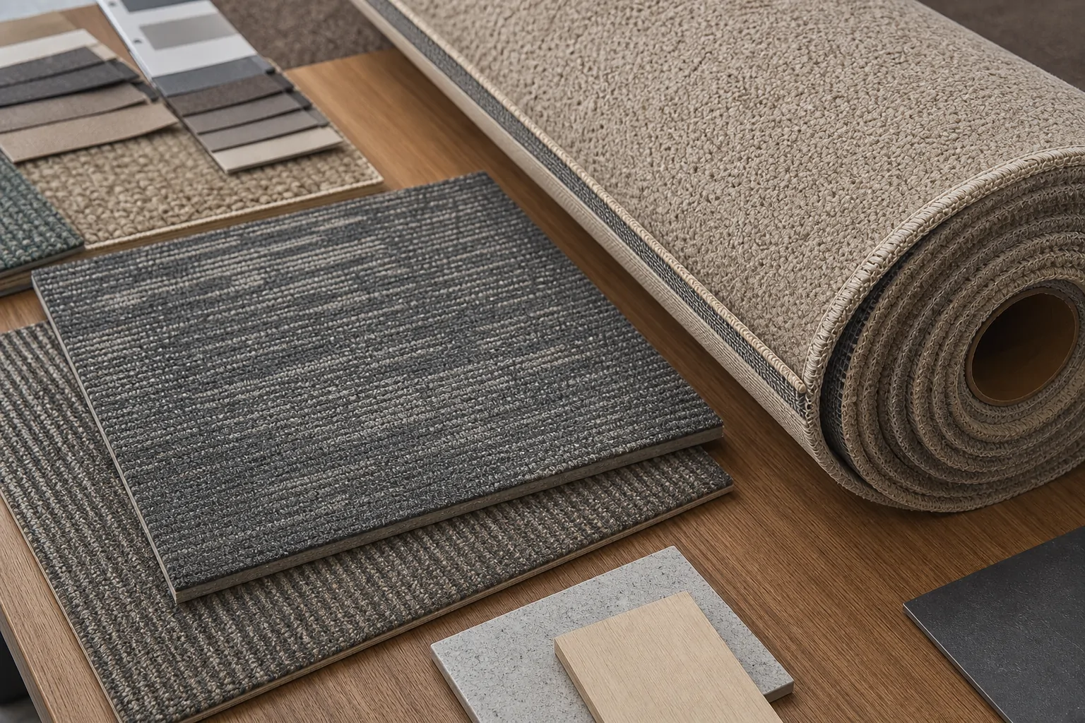 Commercial carpet tiles and broadloom carpet samples compared