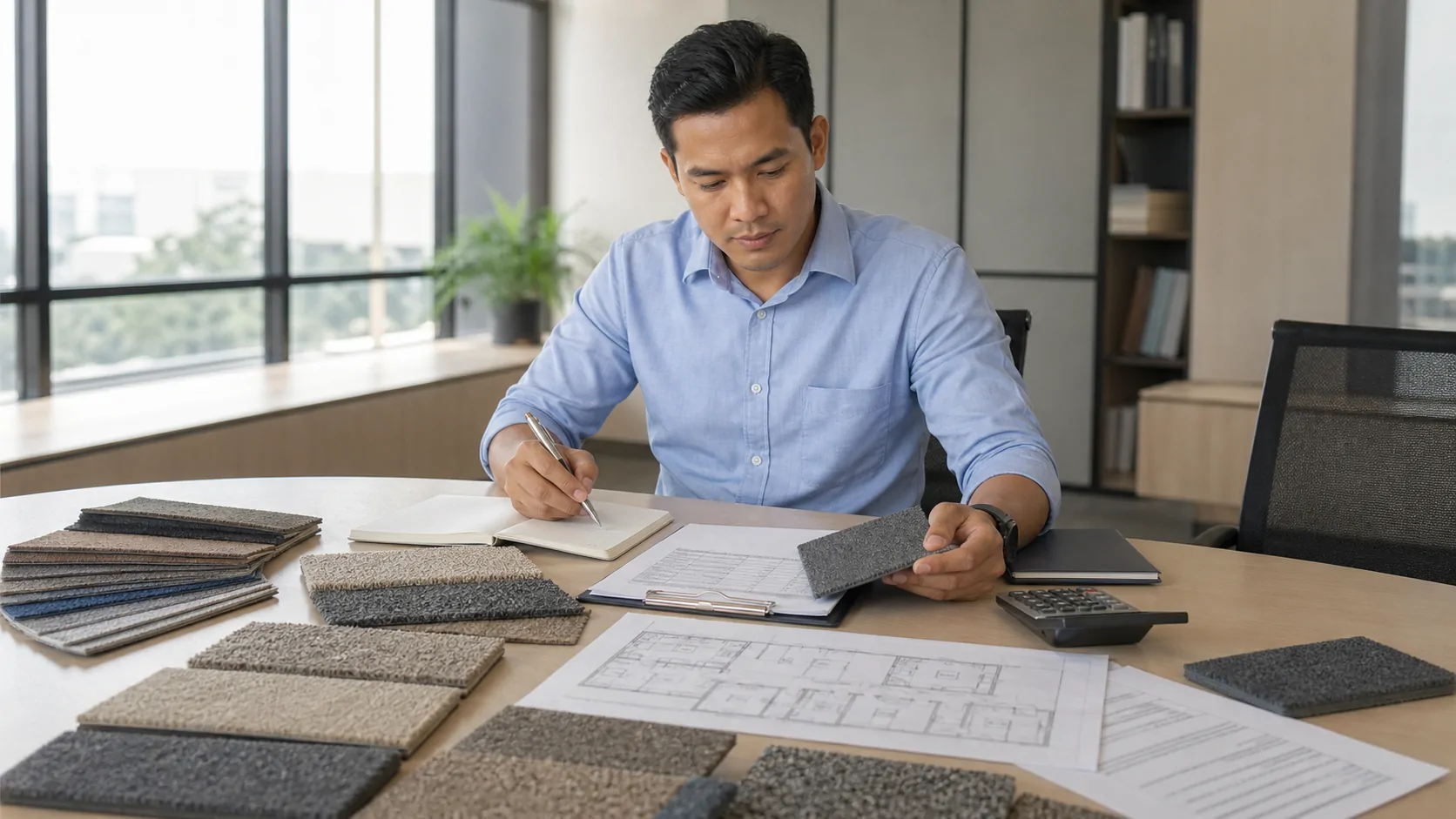 B2B buyer reviewing a commercial carpet buying checklist and product samples