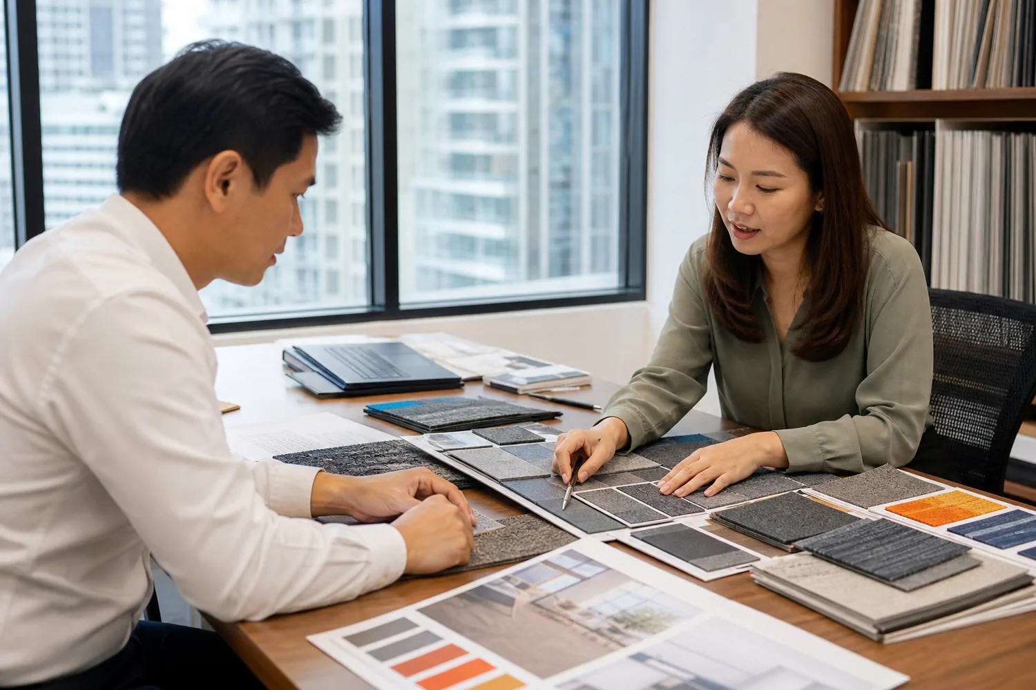 Commercial carpet buyer reviewing MOQ samples and lead times with a supplier