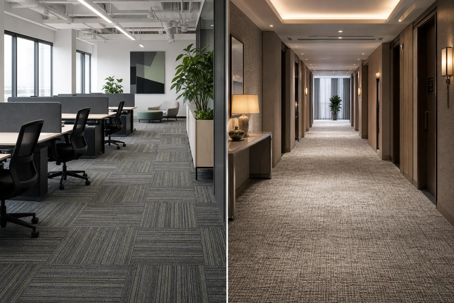 Carpet tiles for offices and broadloom carpet for hotels