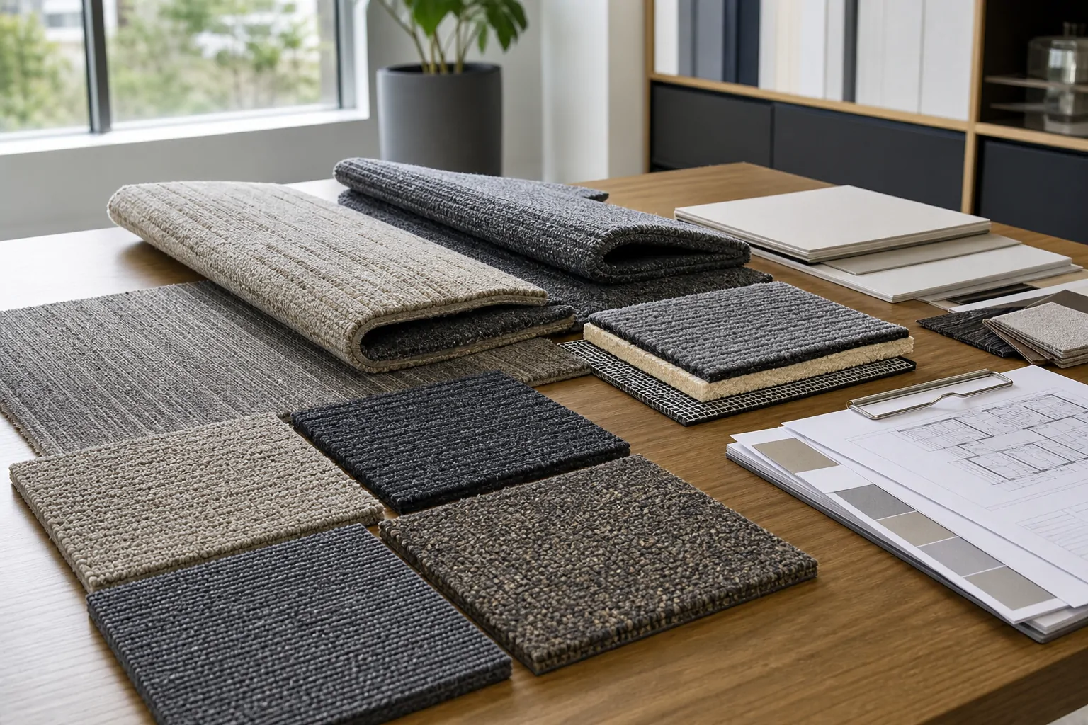 Commercial carpet samples and specifications compared before supplier selection