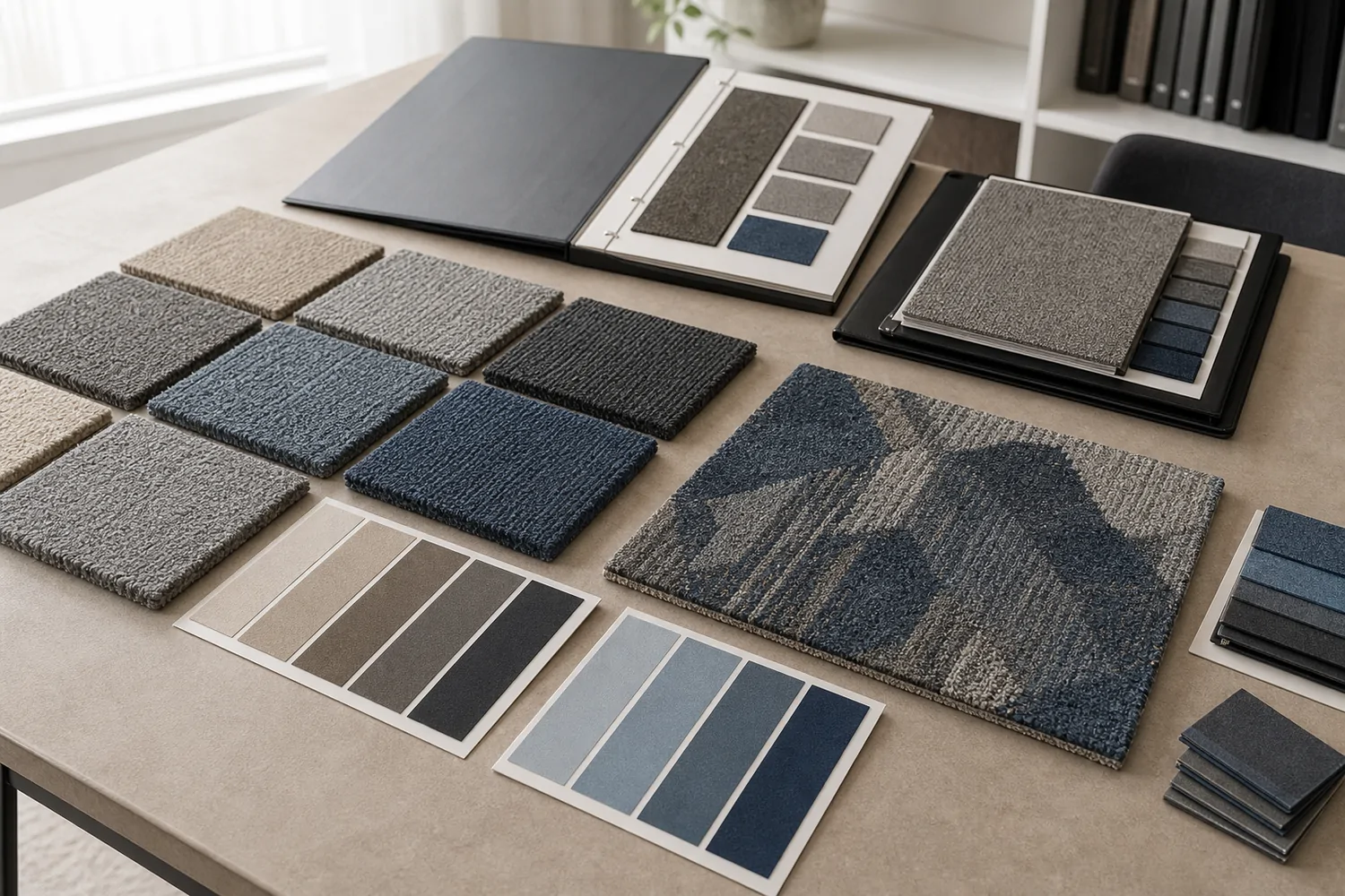 Standard and custom commercial carpet samples prepared for buyer approval