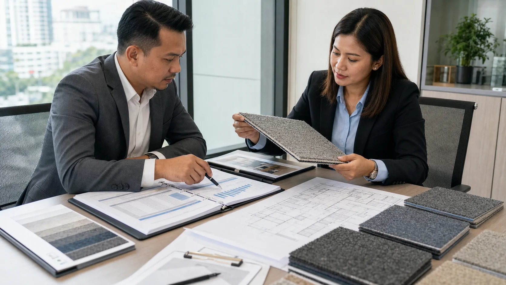 Procurement manager comparing commercial carpet supplier quotes and samples