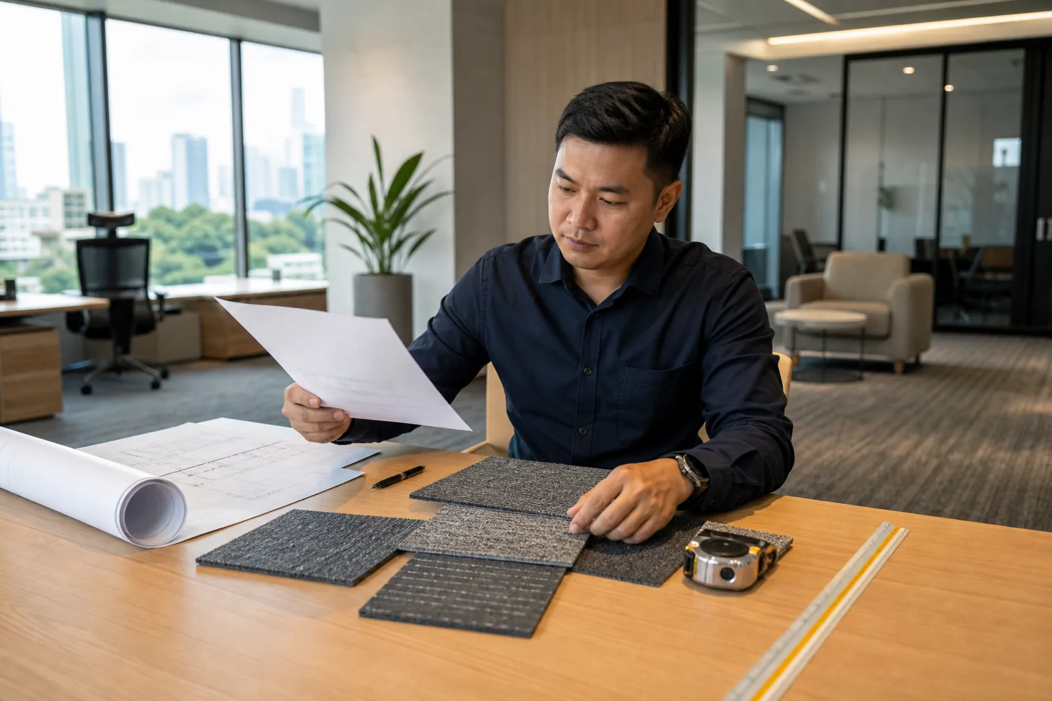 Buyer reviewing a commercial carpet specification sheet and carpet samples