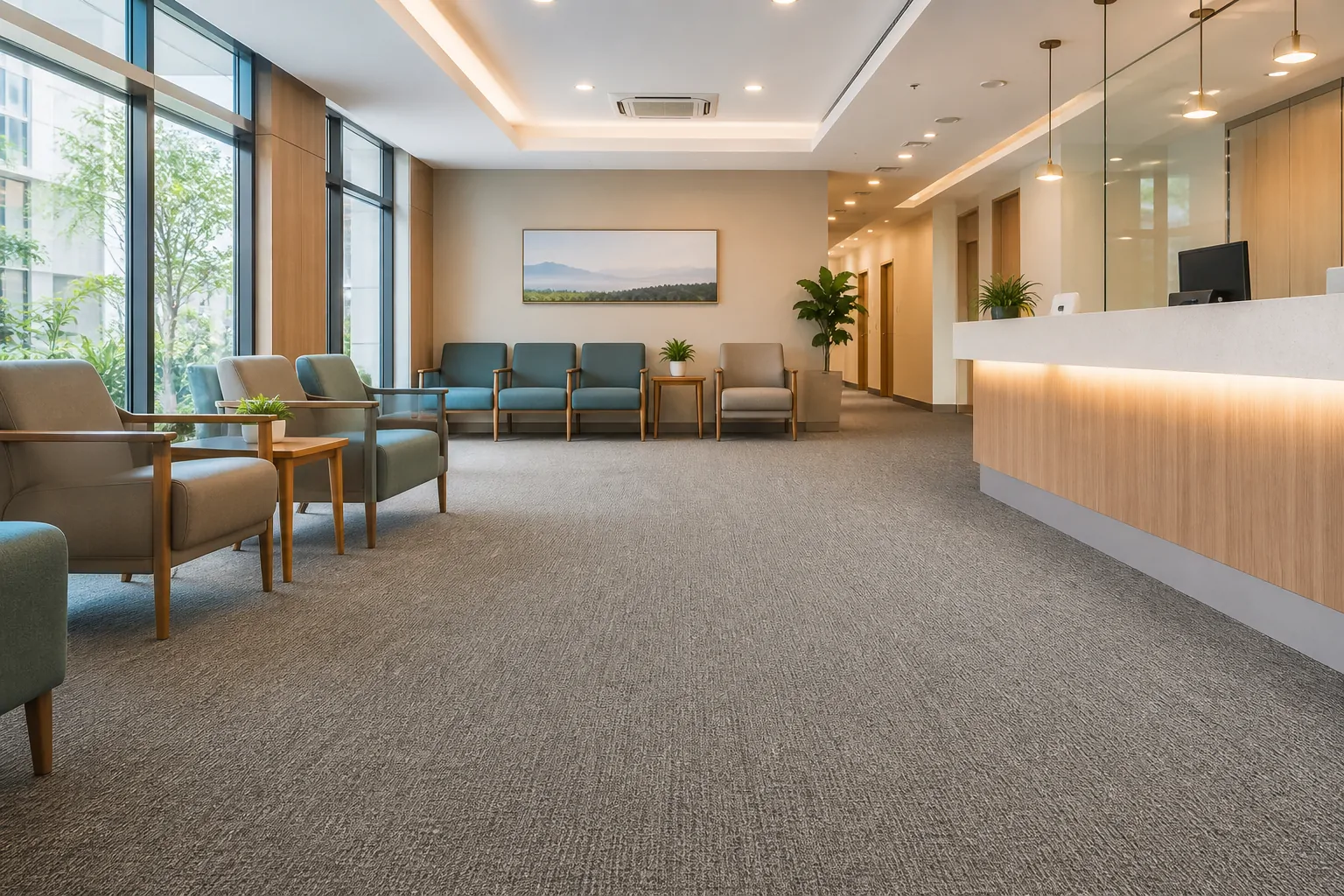 Healthcare flooring with commercial carpet in a medical facility
