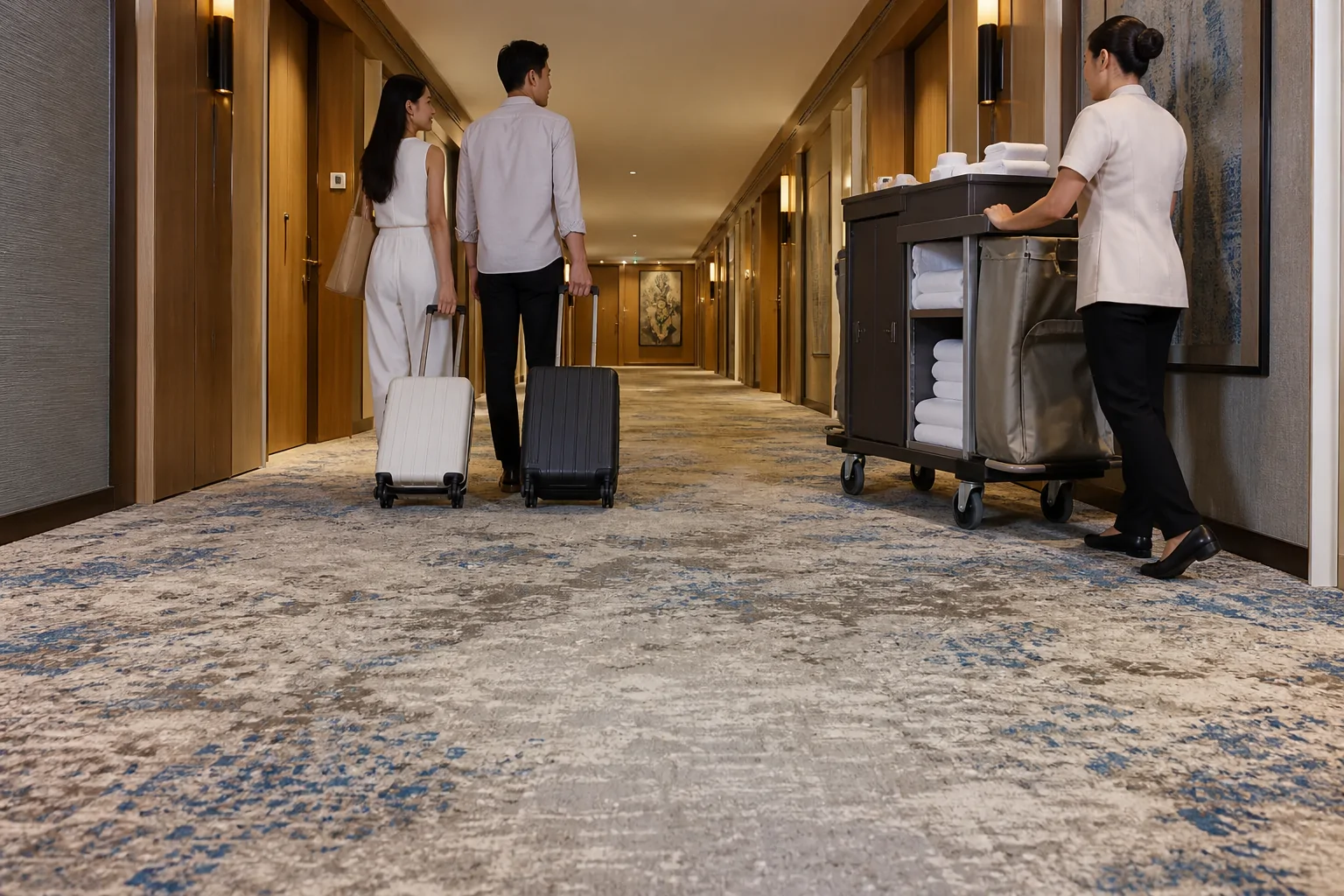 High traffic carpet in a hotel corridor with luggage and housekeeping carts