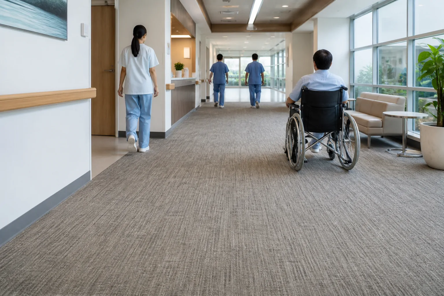 Healthcare flooring hospital corridor with high traffic commercial carpet