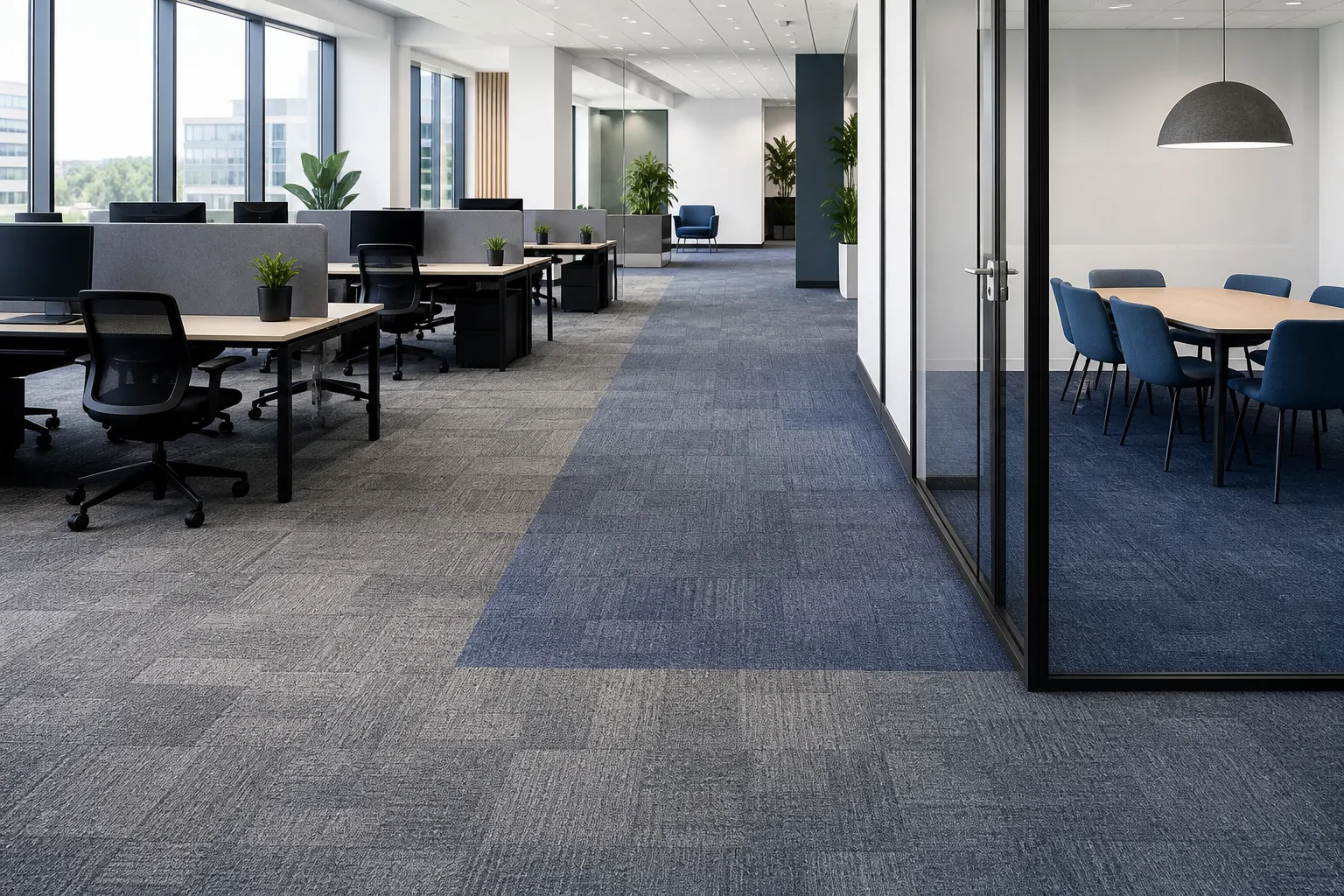 Modular carpet tiles for office flooring and workspace zoning