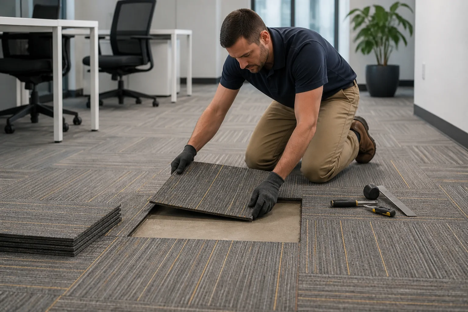 Individual office carpet tile being replaced in modular flooring